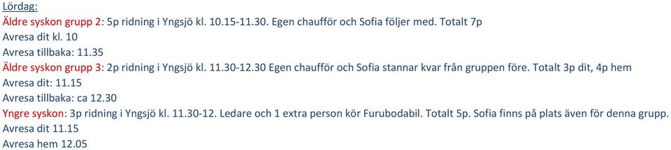 30 Egen chaufför och Sofia stannar kvar från gruppen före. Totalt 3p dit, 4p hem Avresa dit: 11.15 Avresa tillbaka: ca 12.