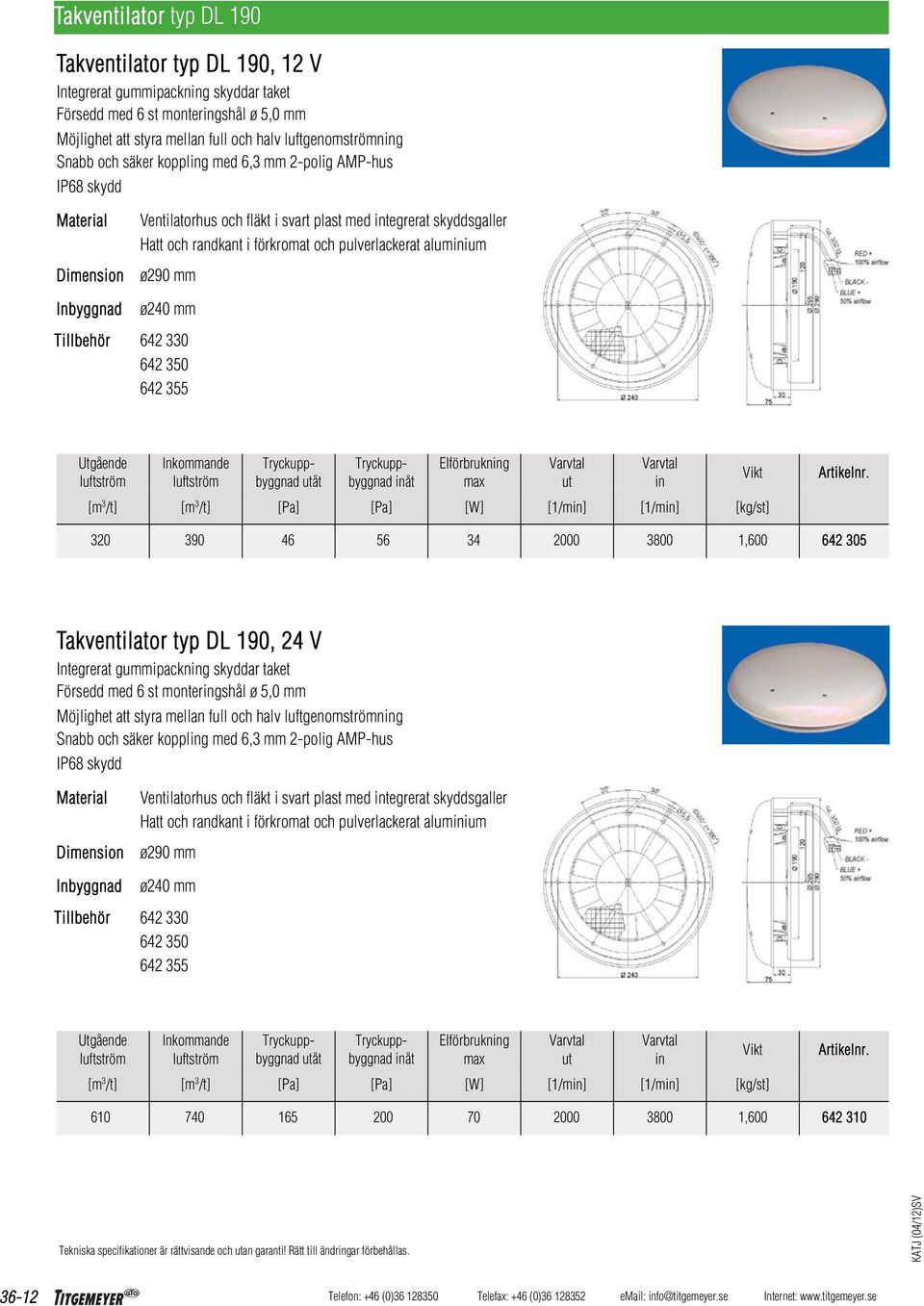 ø240 mm Tillbehör 642 330 642 350 642 355 Utgående luftström Inkommande luftström Tryckuppbyggnad utåt Tryckuppbyggnad inåt Elförbrukning max Varvtal ut Varvtal in [m 3 /t] [m 3 /t] [Pa] [Pa] [W]