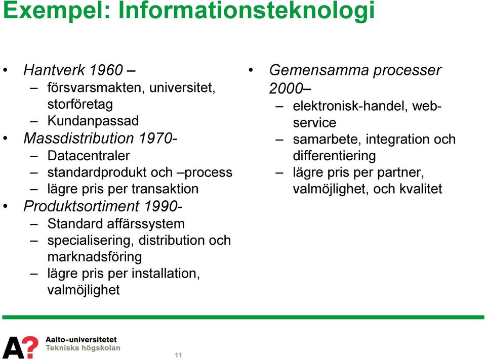 specialisering, distribution och marknadsföring lägre pris per installation, valmöjlighet Gemensamma processer 2000