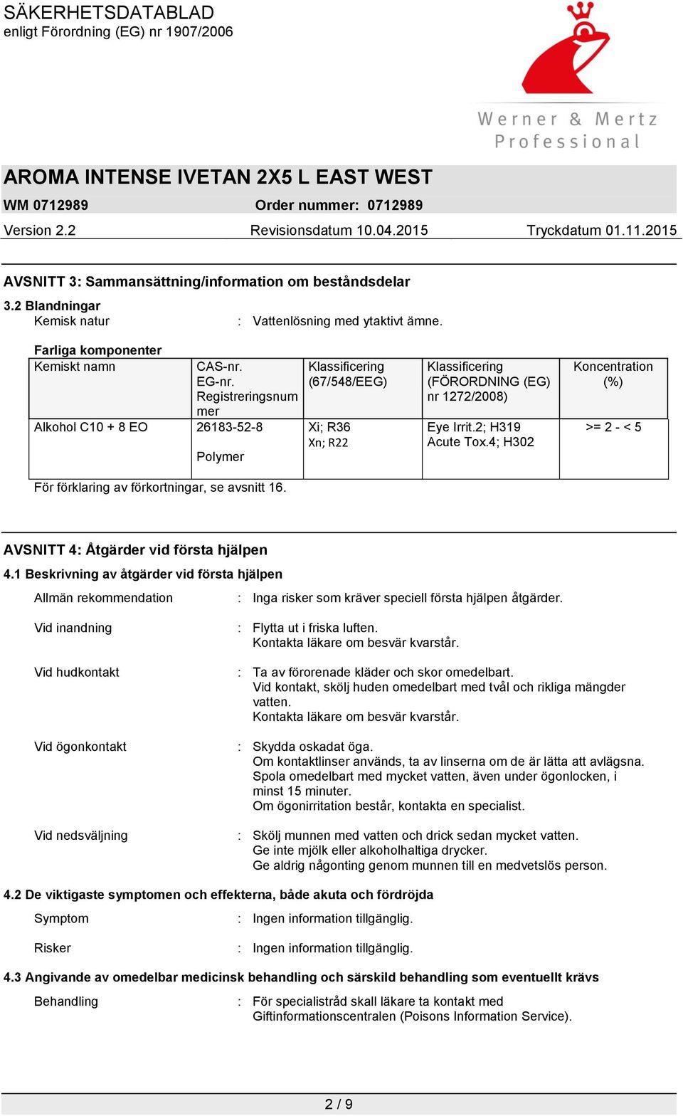 Klassificering (67/548/EEG) Xi; R36 Xn; R22 Klassificering (FÖRORDNING (EG) nr 1272/2008) Eye Irrit.2; H319 Acute Tox.4; H302 Koncentration (%) >= 2 - < 5 AVSNITT 4: Åtgärder vid första hjälpen 4.