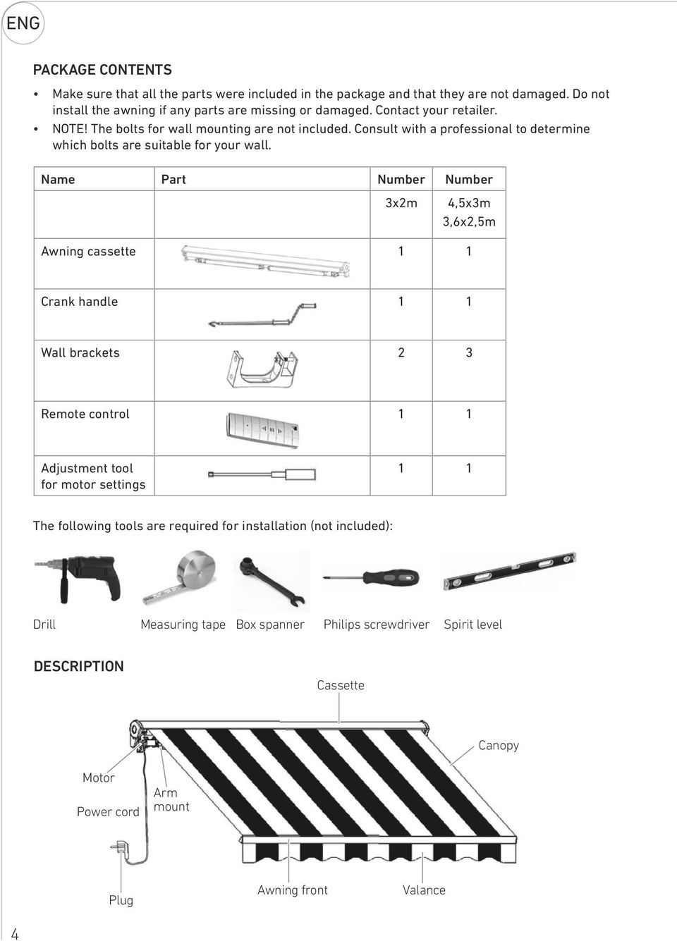 Name Part Number Number 3x2m 4,5x3m 3,6x2,5m Awning cassette 1 1 Crank handle 1 1 Wall brackets 2 3 Remote control 1 1 Adjustment tool for motor settings 1 1 The following