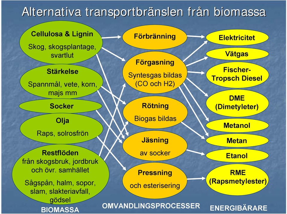 samhället Sågspån, halm, sopor, slam, slakteriavfall, gödsel BIOMASSA Förbränning Förgasning Syntesgas bildas (CO och H2) Rötning