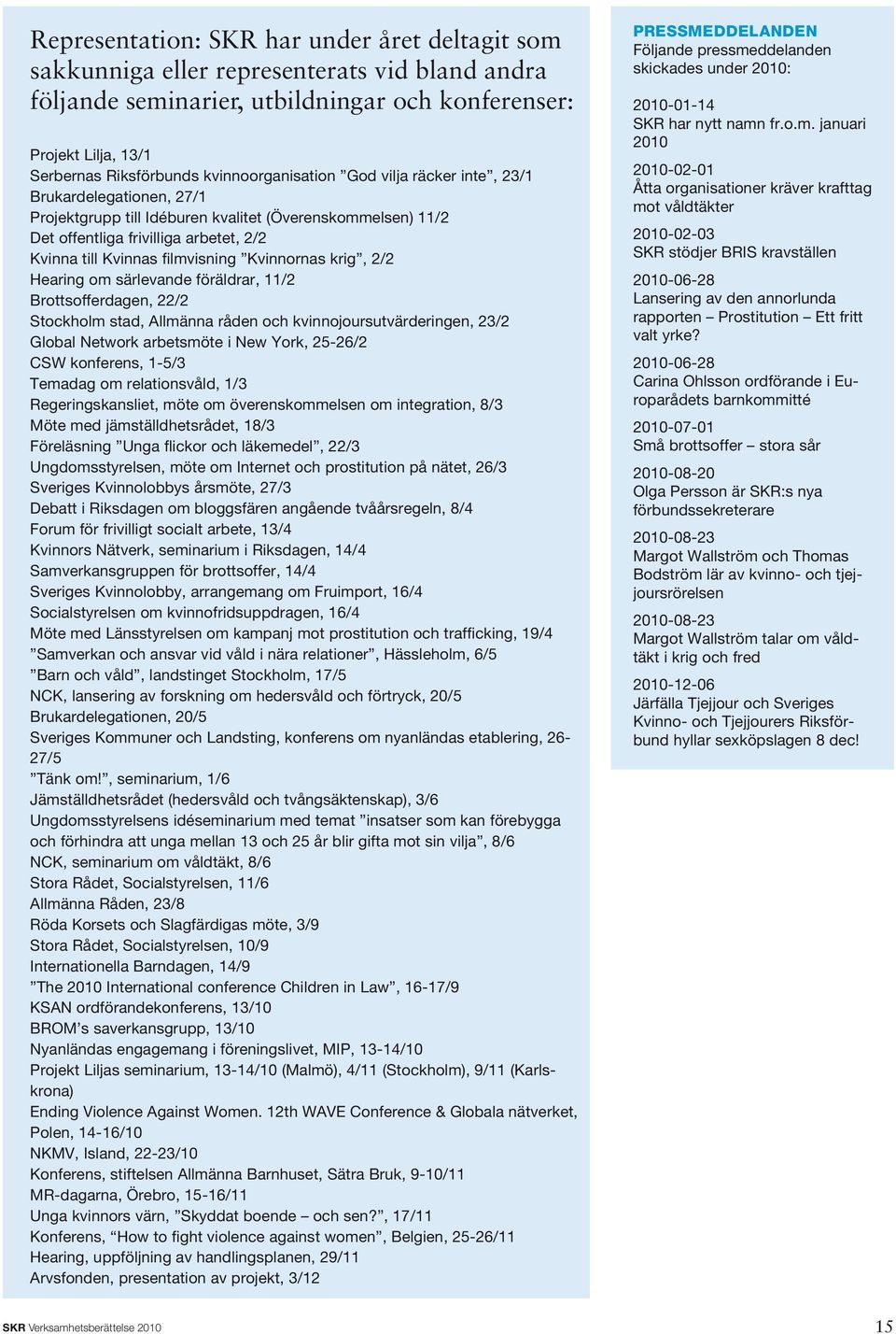 filmvisning Kvinnornas krig, 2/2 Hearing om särlevande föräldrar, 11/2 Brottsofferdagen, 22/2 Stockholm stad, Allmänna råden och kvinnojoursutvärderingen, 23/2 Global Network arbetsmöte i New York,