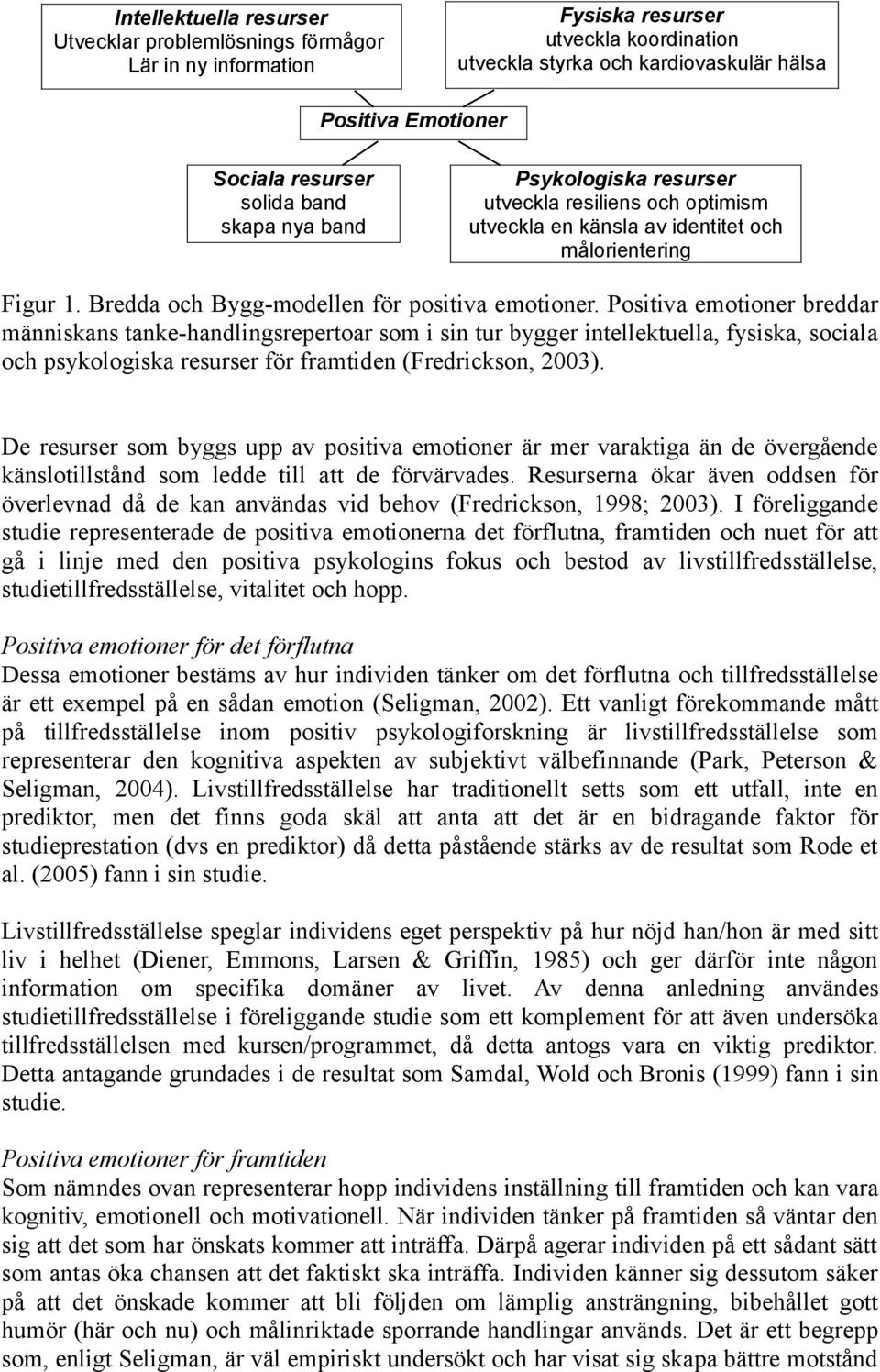 Positiva emotioner breddar människans tanke-handlingsrepertoar som i sin tur bygger intellektuella, fysiska, sociala och psykologiska resurser för framtiden (Fredrickson, 2003).