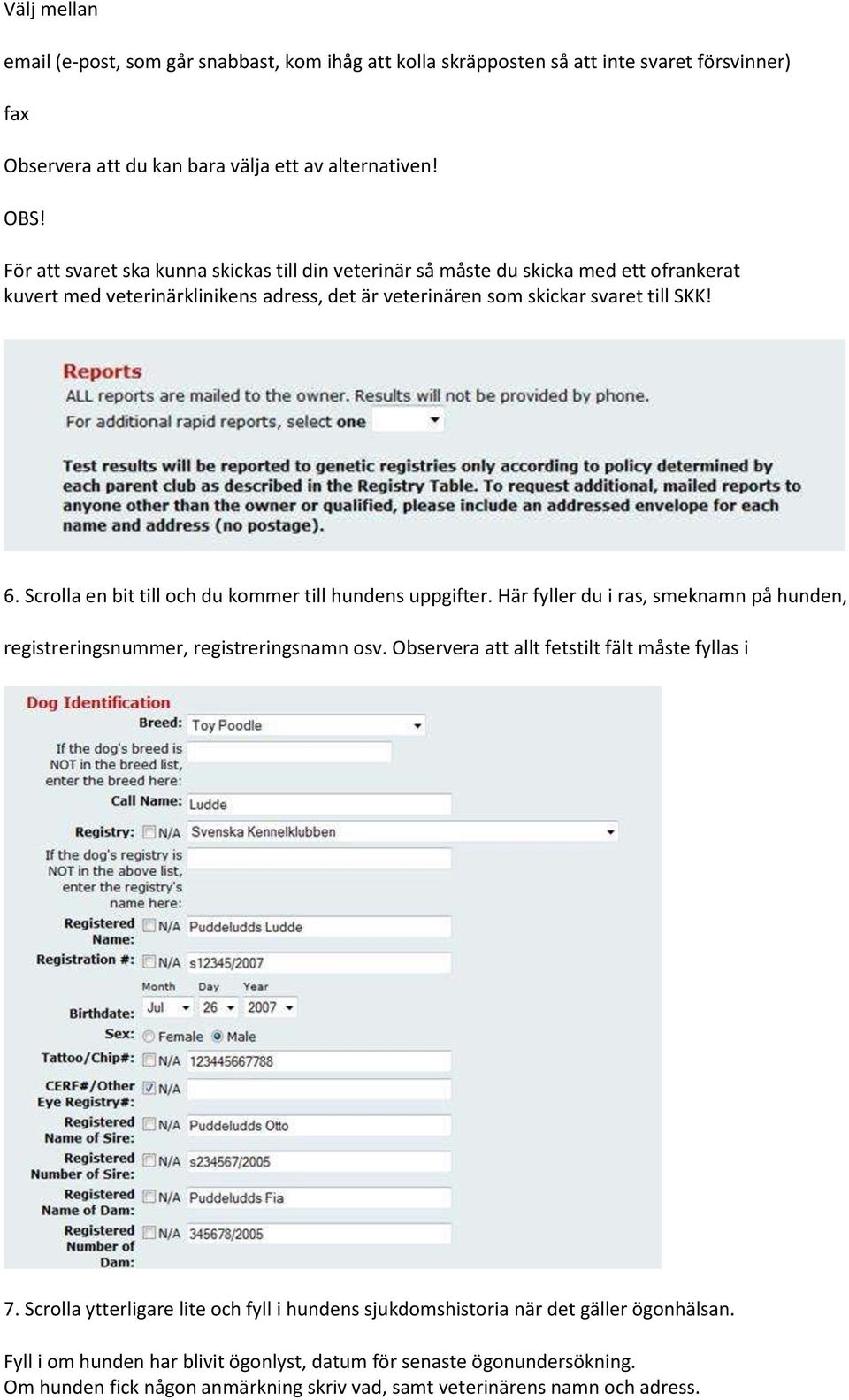 Scrolla en bit till och du kommer till hundens uppgifter. Här fyller du i ras, smeknamn på hunden, registreringsnummer, registreringsnamn osv. Observera att allt fetstilt fält måste fyllas i 7.