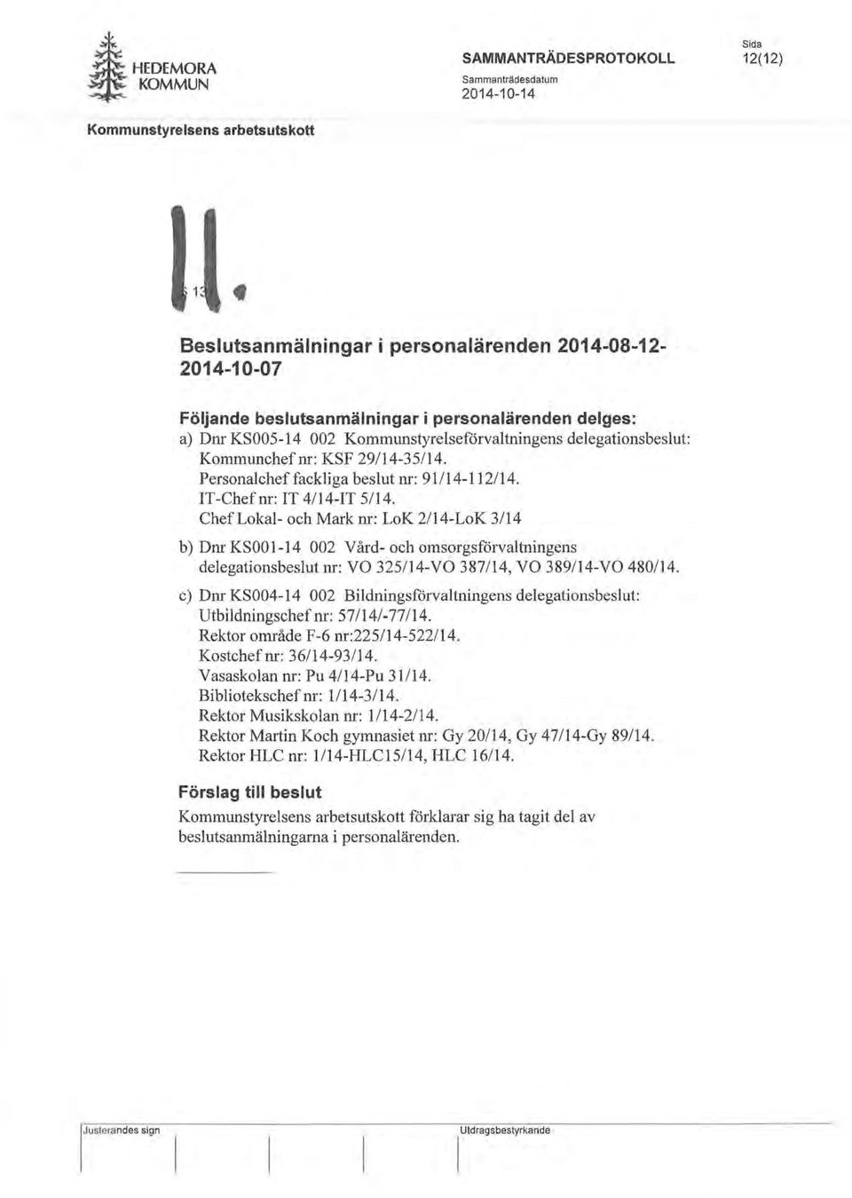 IT-Chefnr: IT 4114-IT 5/14. Chef Lokal- och Mark nr: LoK 2/14-LoK 3/14 b) Dnr KSOO 1-14 002 V ård- och omsorgsforvaltningens delegationsbeslut nr: VO 325/14-VO 387/14, VO 389/14-VO 480/14.