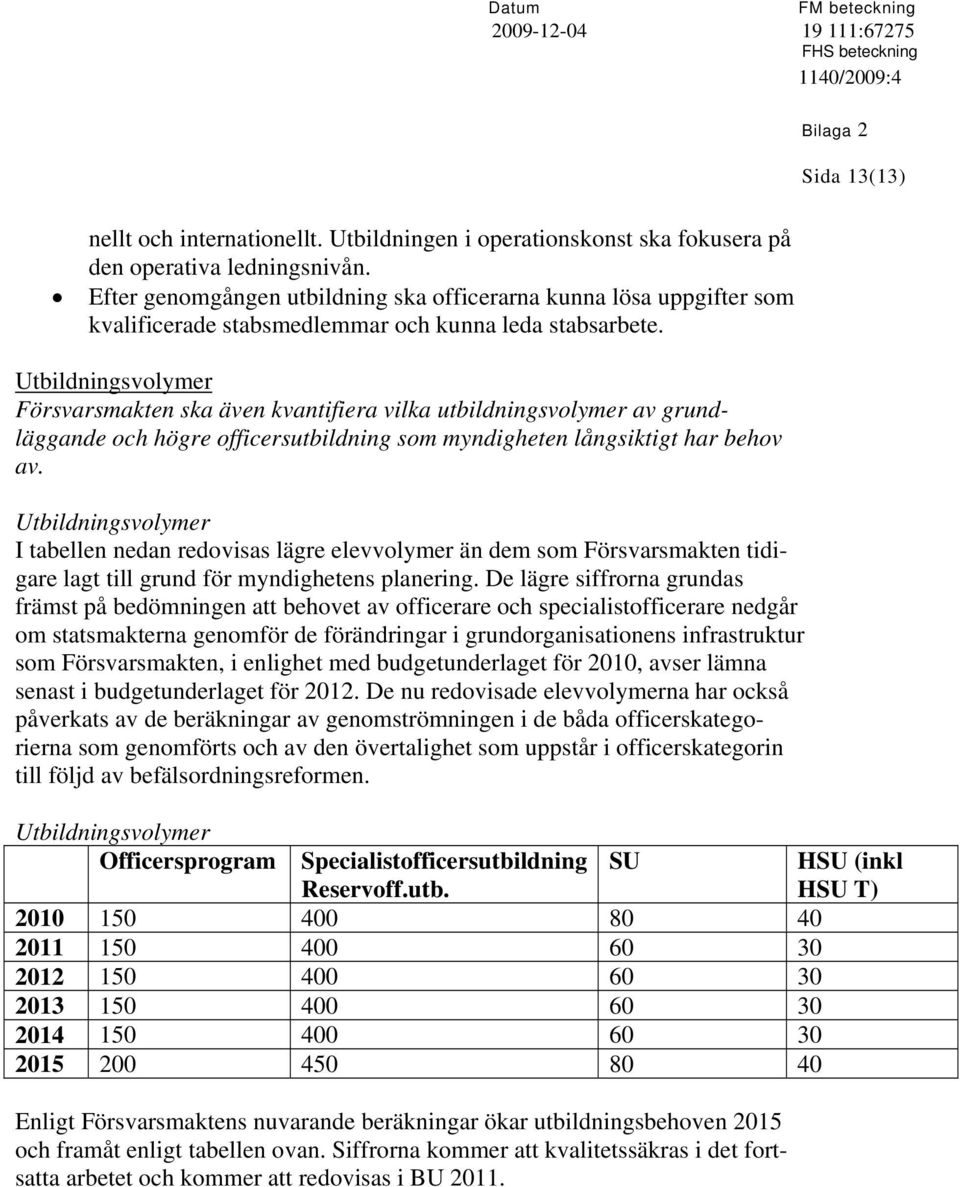 Utbildningsvolymer Försvarsmakten ska även kvantifiera vilka utbildningsvolymer av grundläggande och högre officersutbildning som myndigheten långsiktigt har behov av.