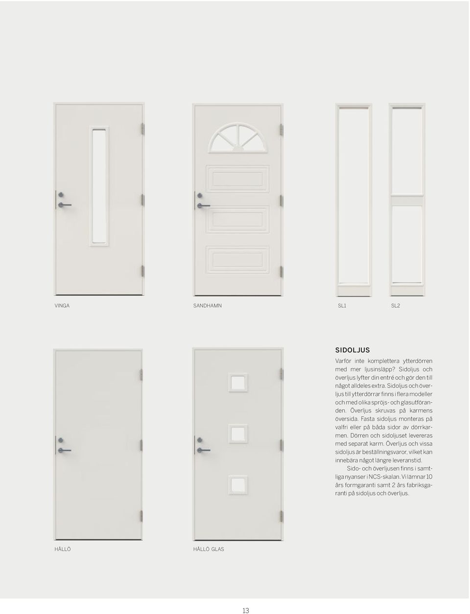 Fasta sidoljus monteras på valfri eller på båda sidor av dörrkarmen. Dörren och sidoljuset levereras med separat karm.