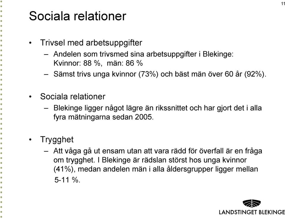 Sociala relationer Blekinge ligger något lägre än rikssnittet och har gjort det i alla fyra mätningarna sedan 2005.