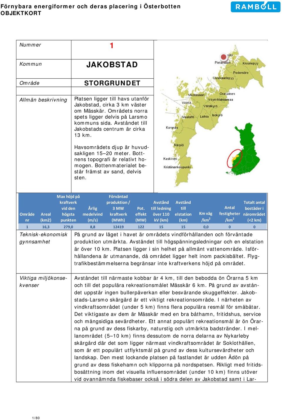 Bottenmaterialet består främst av sand, delvis sten. nr Areal (km2) Teknisk-ekonomisk gynnsamhet Max höjd på vid den högsta punkten Årlig medelvind (m/s) Förväntad produktion / 3 MW (MWh) Pot.