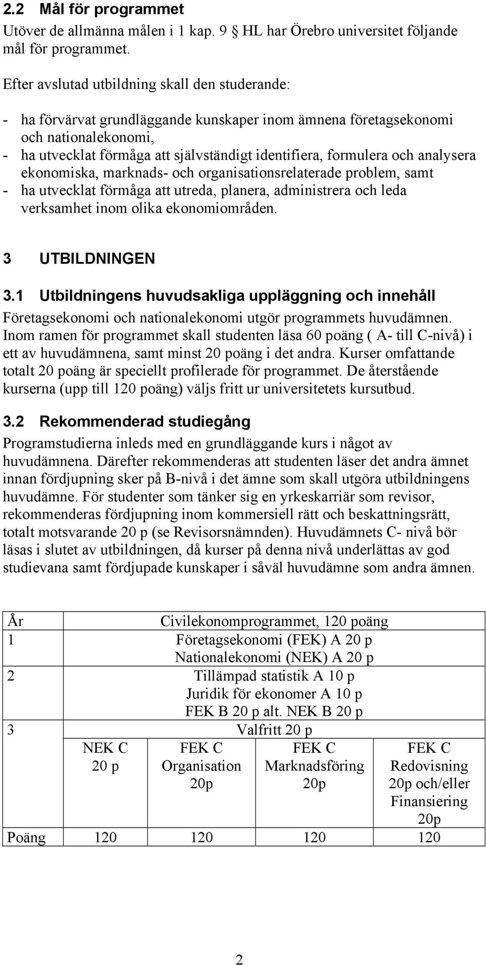 och analysera ekonomiska, marknads- och organisationsrelaterade problem, samt - ha utvecklat förmåga att utreda, planera, administrera och leda verksamhet inom olika ekonomiområden. 3 UTBILDNINGEN 3.