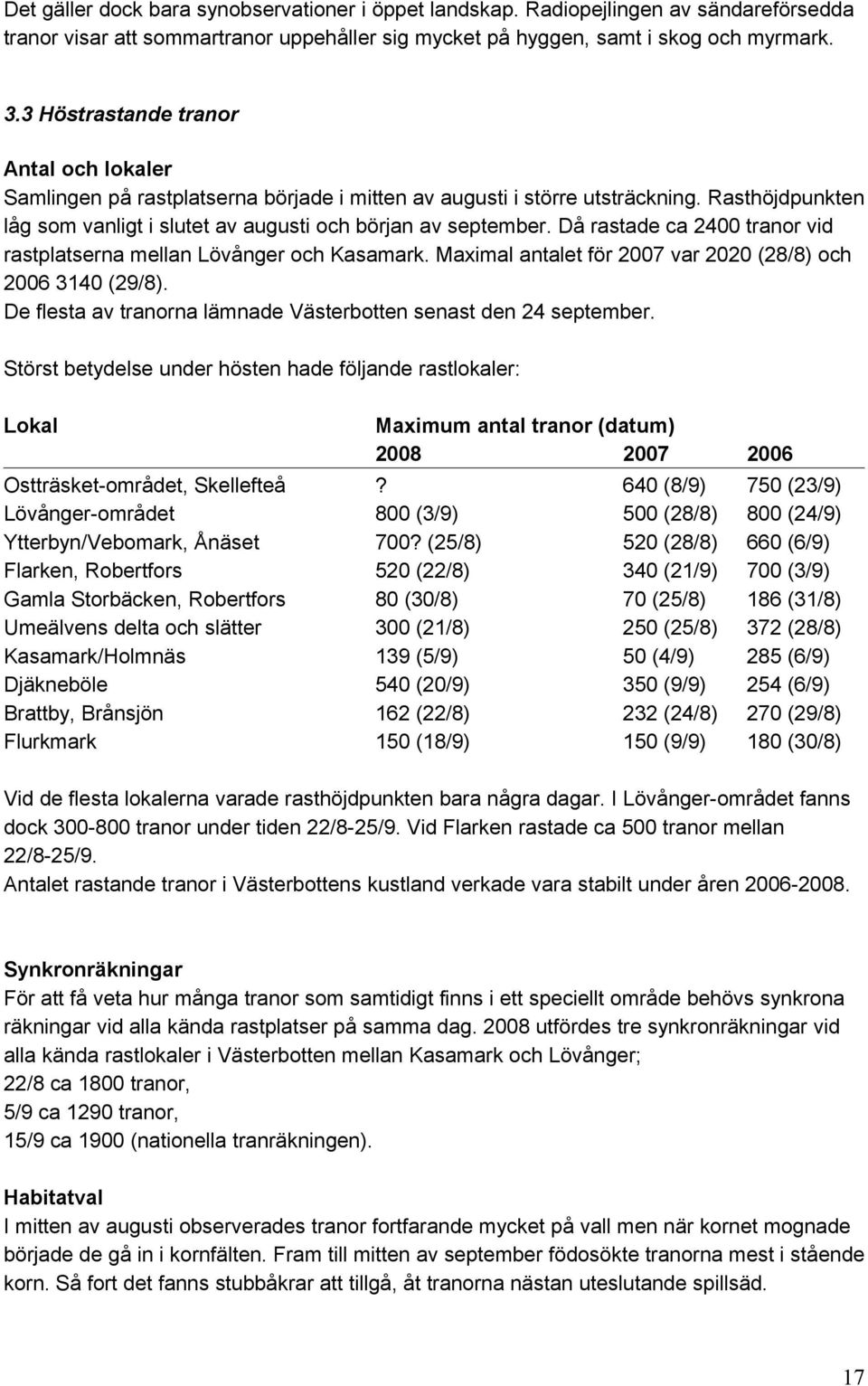 Då rastade ca 2400 tranor vid rastplatserna mellan Lövånger och Kasamark. Maximal antalet för 2007 var 2020 (28/8) och 2006 3140 (29/8).