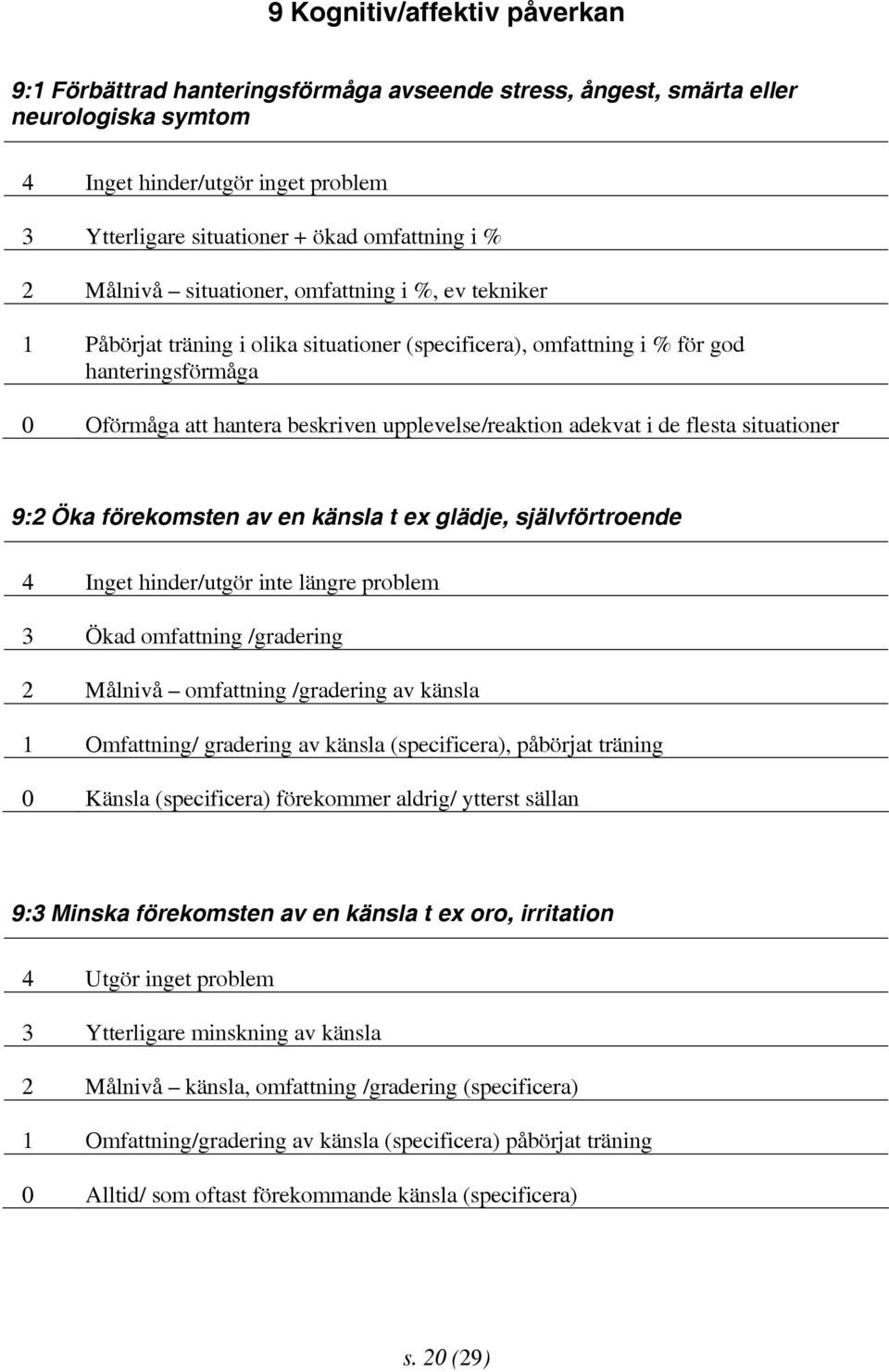 upplevelse/reaktion adekvat i de flesta situationer 9:2 Öka förekomsten av en känsla t ex glädje, självförtroende 4 Inget hinder/utgör inte längre problem 3 Ökad omfattning /gradering 2 Målnivå