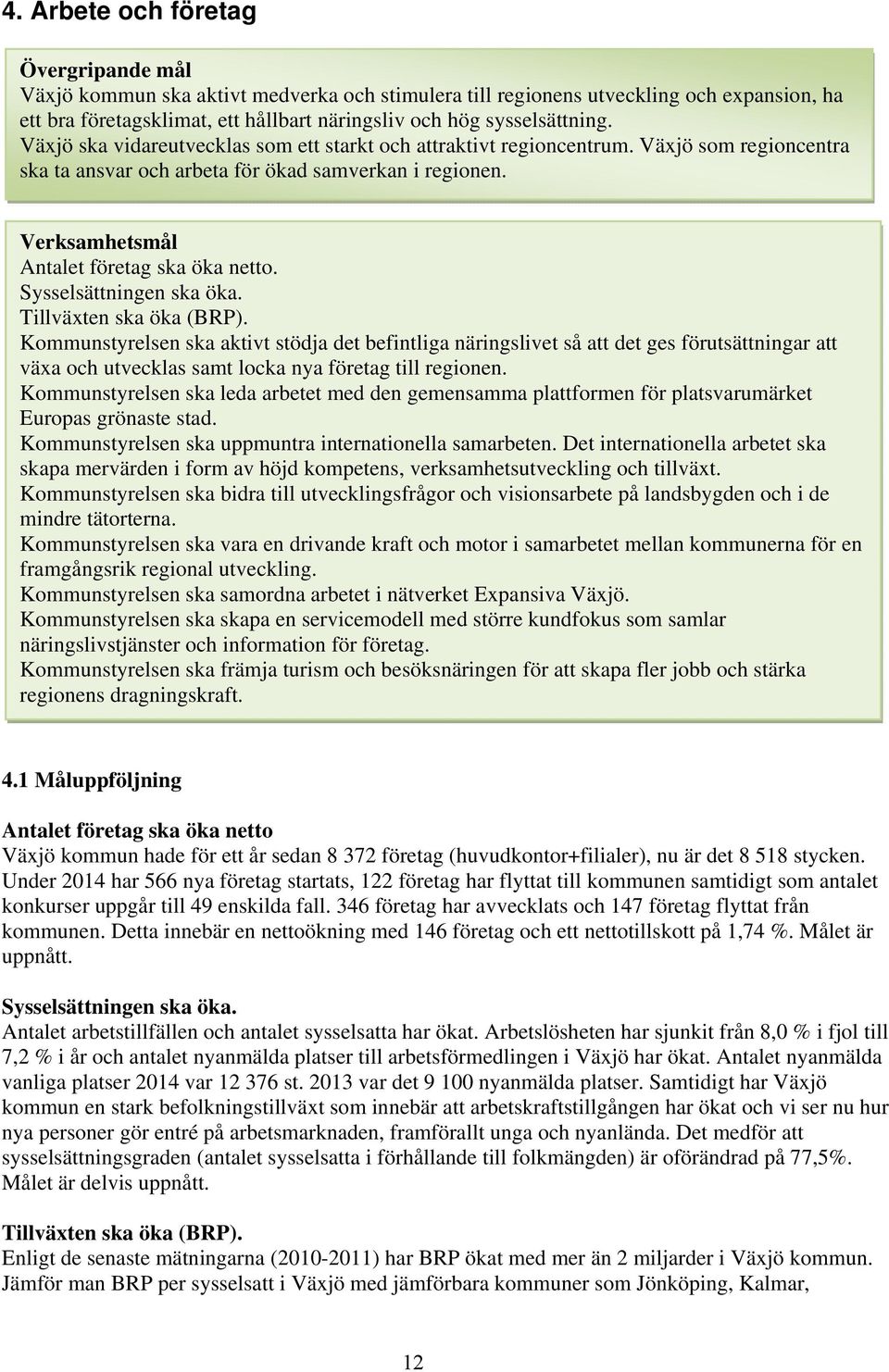 Verksamhetsmål Antalet företag ska öka netto. Sysselsättningen ska öka. Tillväxten ska öka (BRP).