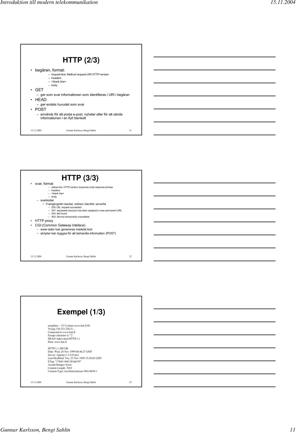 2004 Gunnar Karlsson, Bengt Sahlin 31 HTTP (3/3) svar, format status-line: HTTP-version response-code response-phrase headers <blank line> body svarkoder Framgångsrikt resultat, redirect, klientfel,