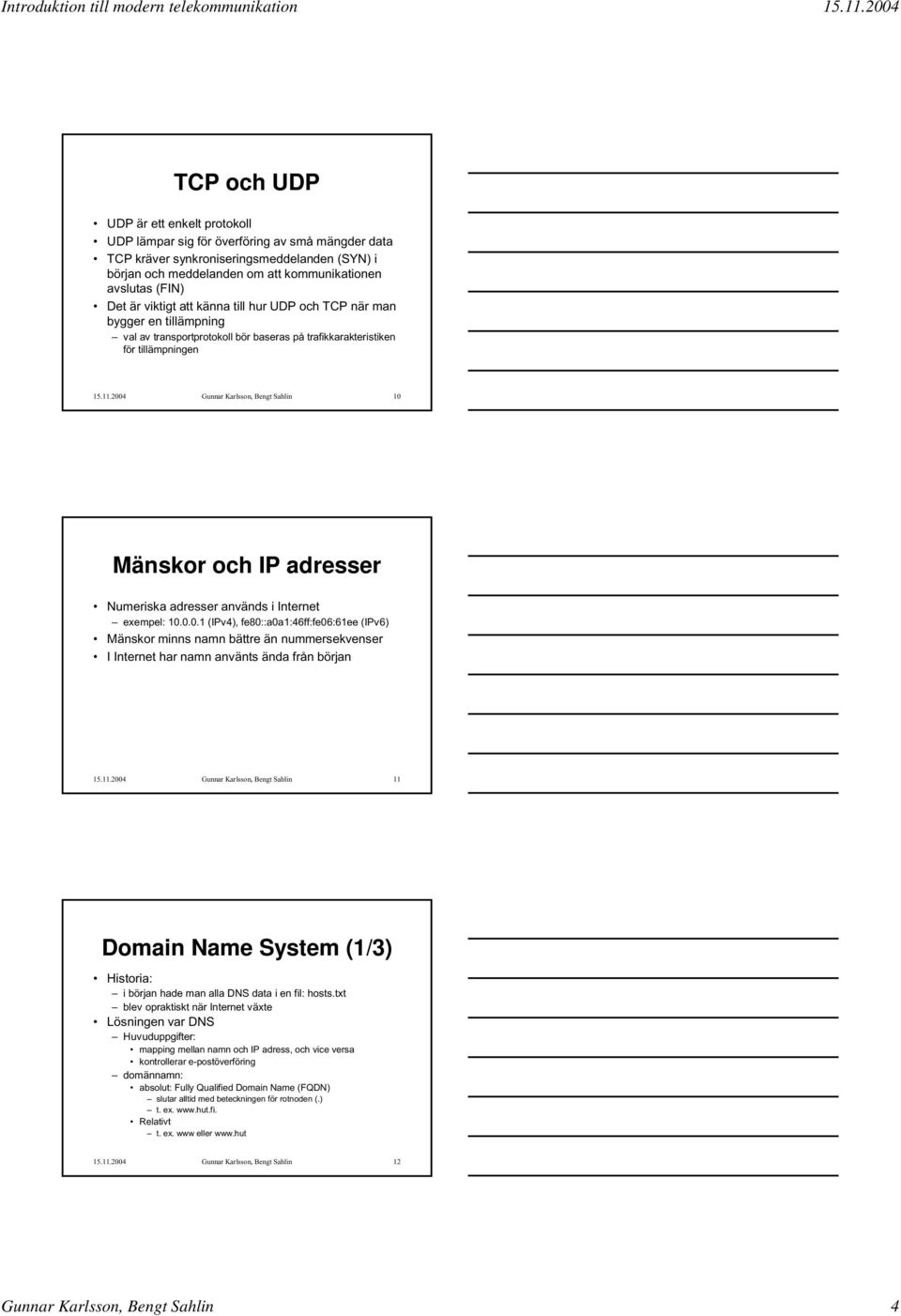 2004 Gunnar Karlsson, Bengt Sahlin 10 Mänskor och IP adresser Numeriska adresser används i Internet exempel: 10.0.0.1 (IPv4), fe80::a0a1:46ff:fe06:61ee (IPv6) Mänskor minns namn bättre än nummersekvenser I Internet har namn använts ända från början 15.