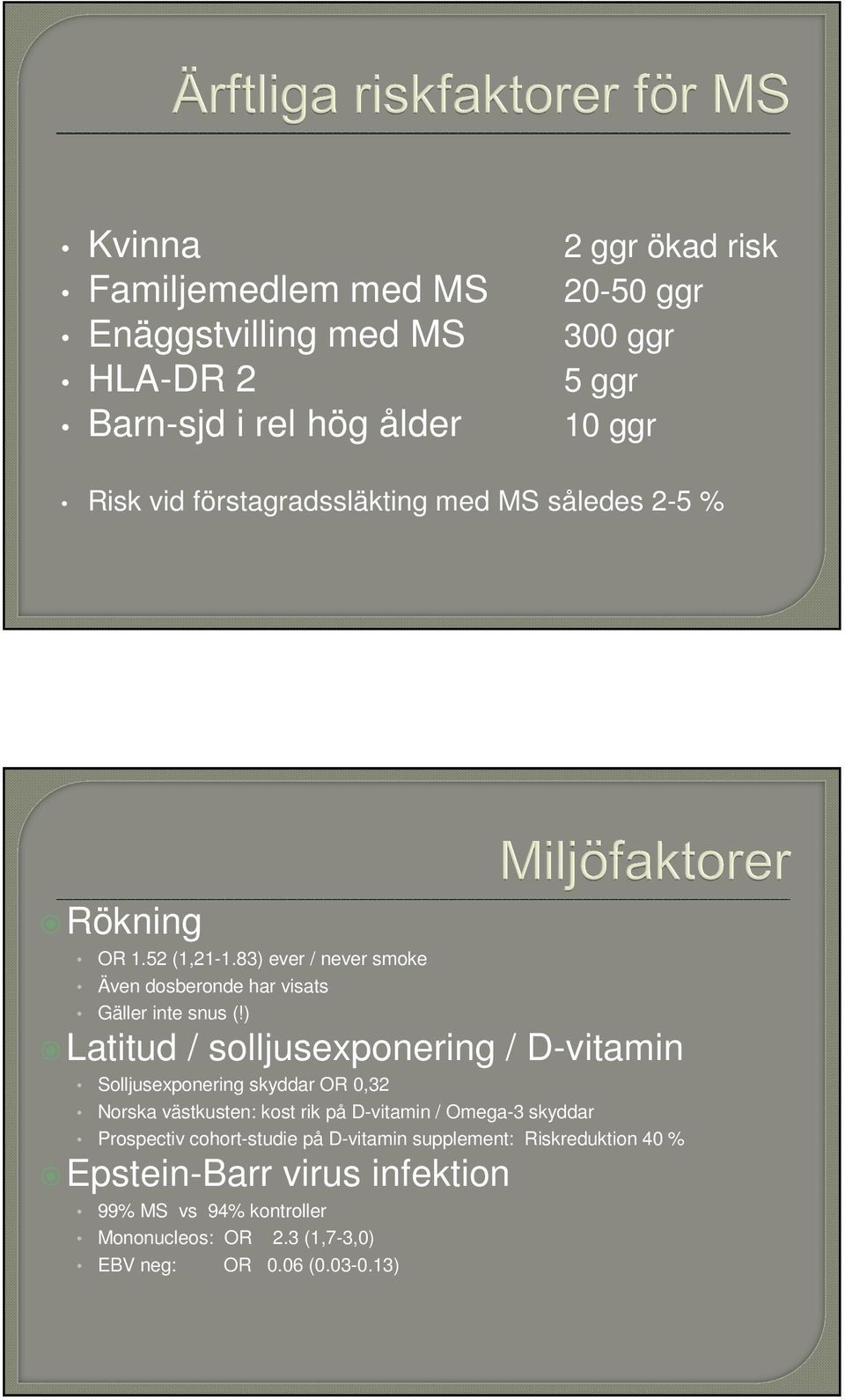 ) Latitud / solljusexponering / D-vitamin Solljusexponering skyddar OR 0,32 Norska västkusten: kost rik på D-vitamin / Omega-3 skyddar Prospectiv