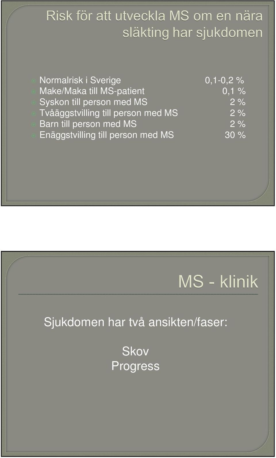 med MS 2 % Barn till person med MS 2 % Enäggstvilling till