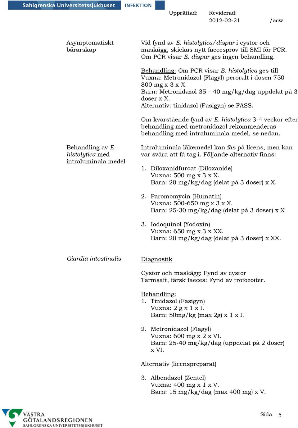 Alternativ: tinidazol (Fasigyn) se FASS. Om kvarstående fynd av E. histolytica 3-4 veckor efter behandling med metronidazol rekommenderas behandling med intraluminala medel, se nedan. Behandling av E.