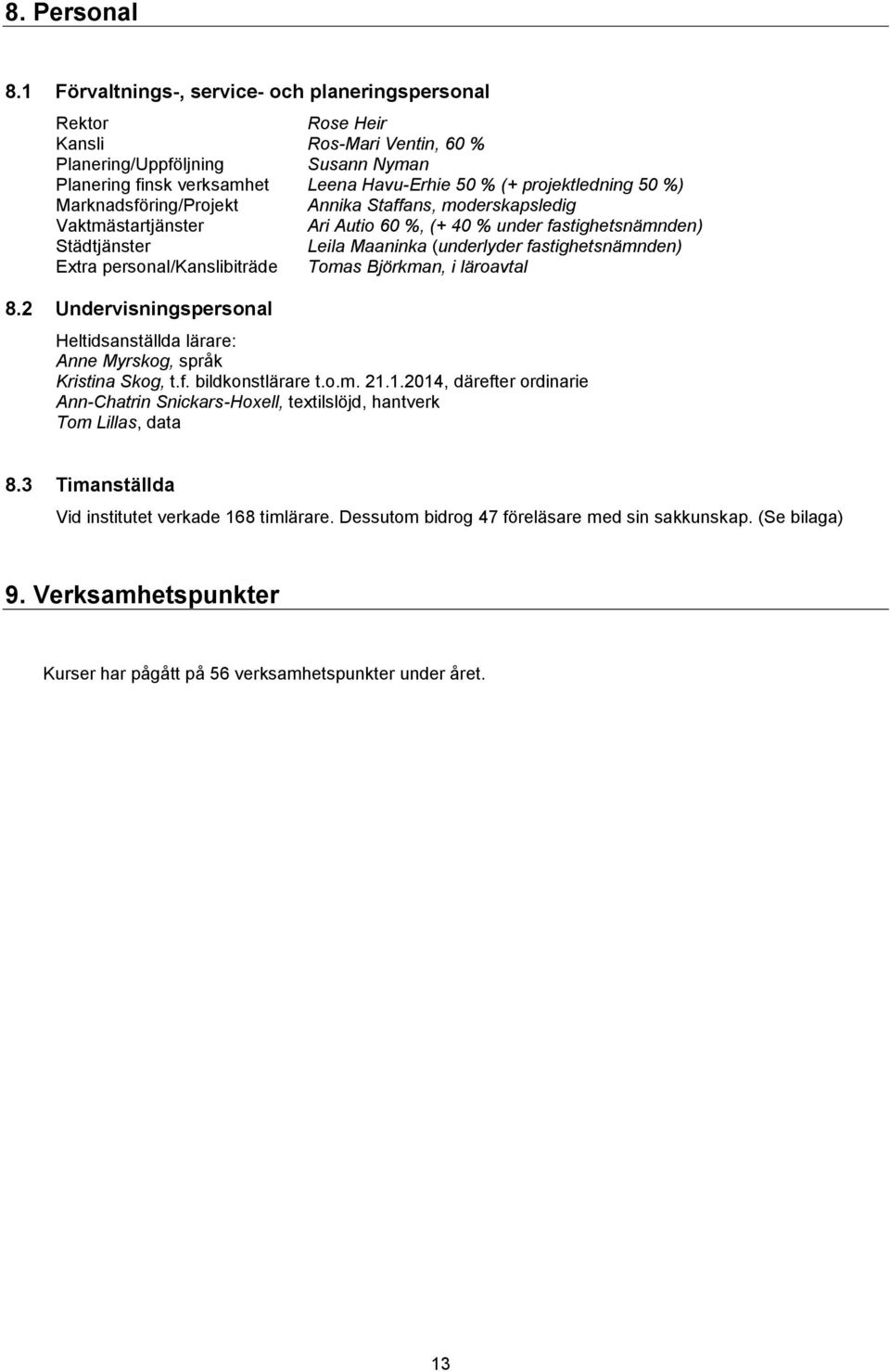 %) Marknadsföring/Projekt Annika Staffans, moderskapsledig Vaktmästartjänster Ari Autio 60 %, (+ 40 % under fastighetsnämnden) Städtjänster Leila Maaninka (underlyder fastighetsnämnden) Extra