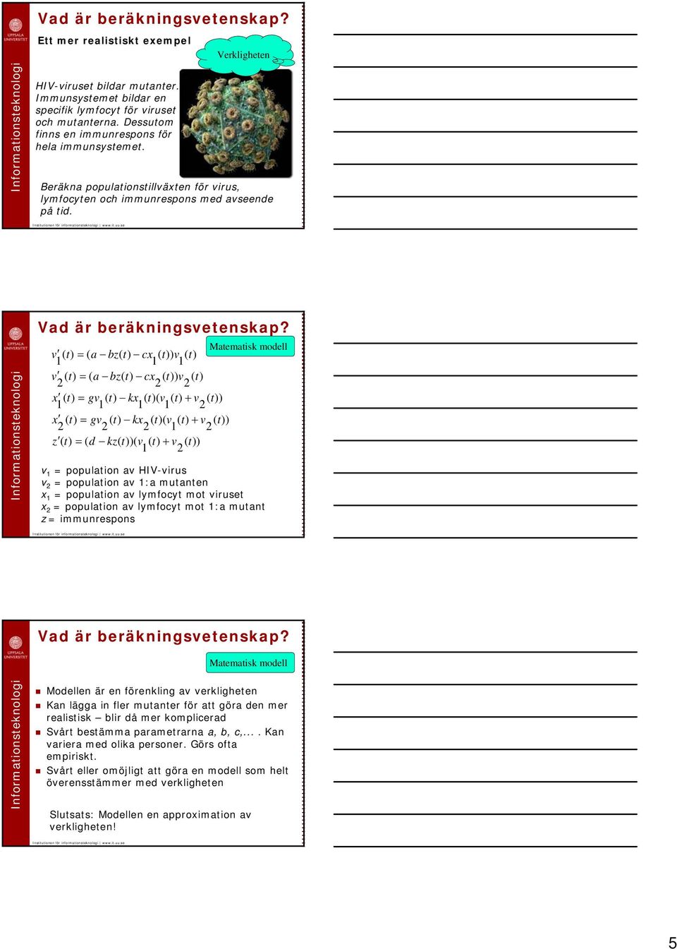 Matematisk modell v = ( a bz( t) cx ) 1 1 1 v = ( a bz( t) cx ) 2 2 2 x = g kx ( + ) 1 1 1 1 2 x = g kx ( + ) 2 2 2 1 2 z = ( d kz( t))( + ) 1 2 v 1 = population av HIV-virus v 2 = population av 1:a