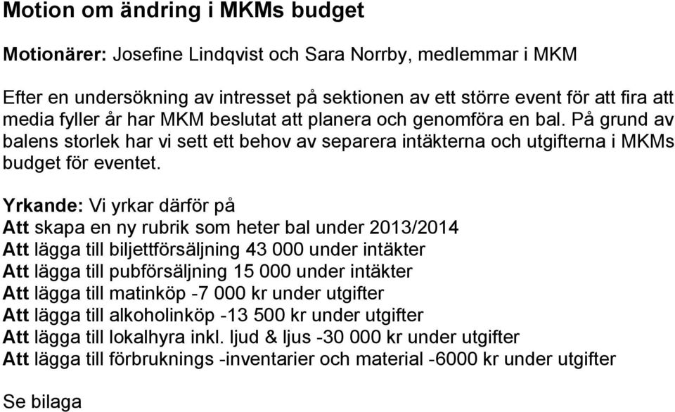 Yrkande: Vi yrkar därför på Att skapa en ny rubrik som heter bal under 2013/2014 Att lägga till biljettförsäljning 43 000 under intäkter Att lägga till pubförsäljning 15 000 under intäkter Att lägga