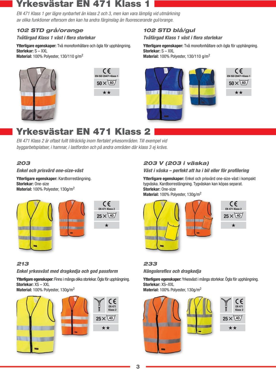 Material: 100% Polyester, 130/110 g/m 2 102 STD blå/gul Tvåfärgad Klass 1 väst i flera storlekar Ytterligare egenskaper: Två monofonhållare och ögla för upphängning.