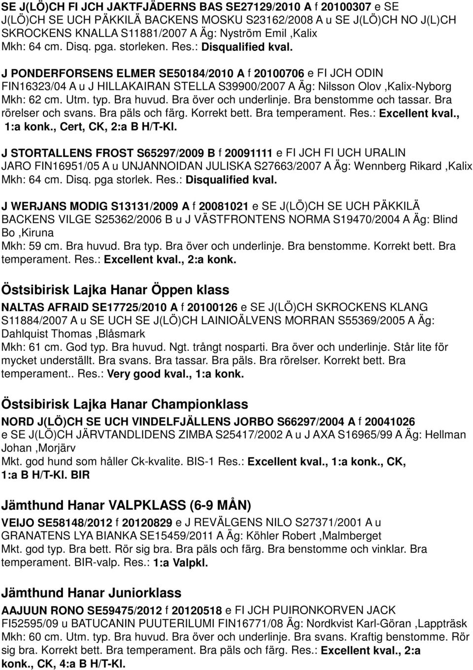 J PONDERFORSENS ELMER SE50184/2010 A f 20100706 e FI JCH ODIN FIN16323/04 A u J HILLAKAIRAN STELLA S39900/2007 A Äg: Nilsson Olov,Kalix-Nyborg Mkh: 62 cm. Utm. typ. Bra huvud. Bra över och underlinje.