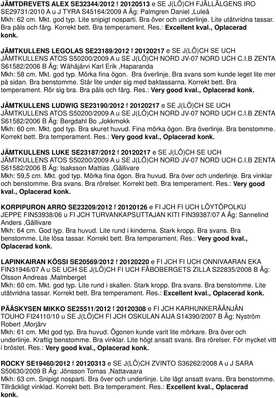 JÄMTKULLENS LEGOLAS SE23189/2012 f 20120217 e SE J(LÖ)CH SE UCH JÄMTKULLENS ATOS S50200/2009 A u SE J(LÖ)CH NORD JV-07 NORD UCH C.I.B ZENTA S61582/2006 B Äg: Wähäjärvi Karl Erik,Haparanda Mkh: 58 cm.