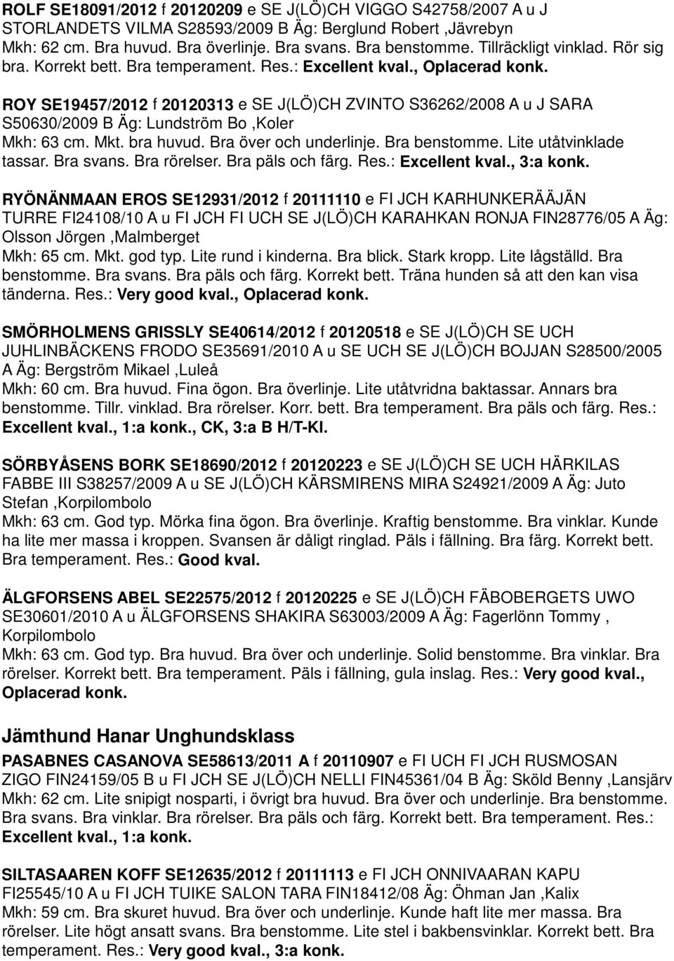 ROY SE19457/2012 f 20120313 e SE J(LÖ)CH ZVINTO S36262/2008 A u J SARA S50630/2009 B Äg: Lundström Bo,Koler Mkh: 63 cm. Mkt. bra huvud. Bra över och underlinje. Bra benstomme.