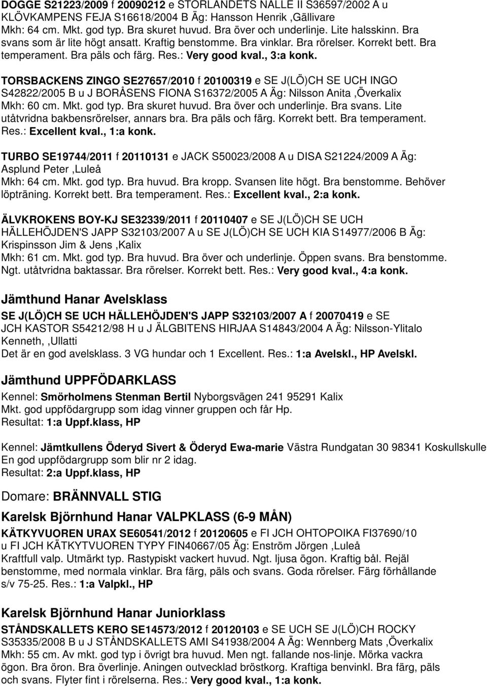 TORSBACKENS ZINGO SE27657/2010 f 20100319 e SE J(LÖ)CH SE UCH INGO S42822/2005 B u J BORÅSENS FIONA S16372/2005 A Äg: Nilsson Anita,Överkalix Mkh: 60 cm. Mkt. god typ. Bra skuret huvud.