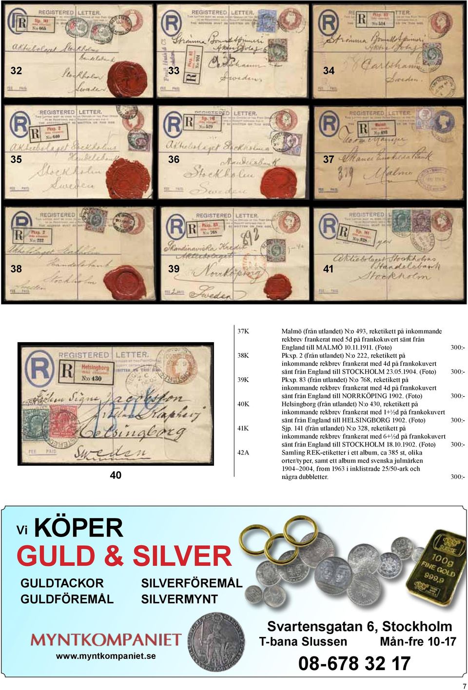 83 (från utlandet) N:o 768, reketikett på inkommande rekbrev frankerat med 4d på frankokuvert sänt från England till NORRKÖPING 1902.