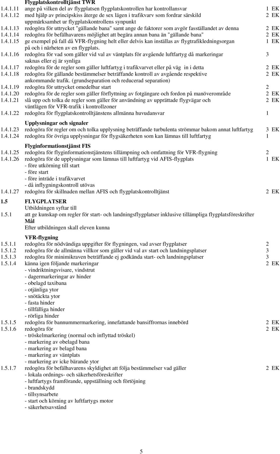4.1.15 ge exempel på fall då VFR-flygning helt eller delvis kan inställas av flygtrafikledningsorgan 1 EK på och i närheten av en flygplats. 1.4.1.16 redogöra för vad som gäller vid val av väntplats för avgående luftfartyg då markeringar 3 saknas eller ej är synliga 1.