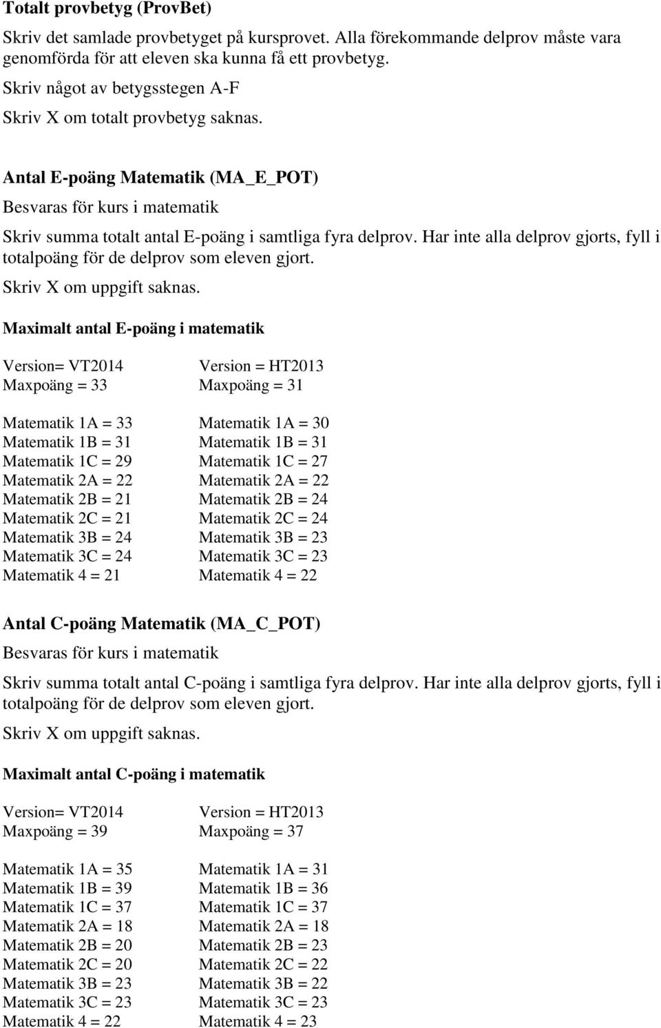 Har inte alla delprov gjorts, fyll i totalpoäng för de delprov som eleven gjort.