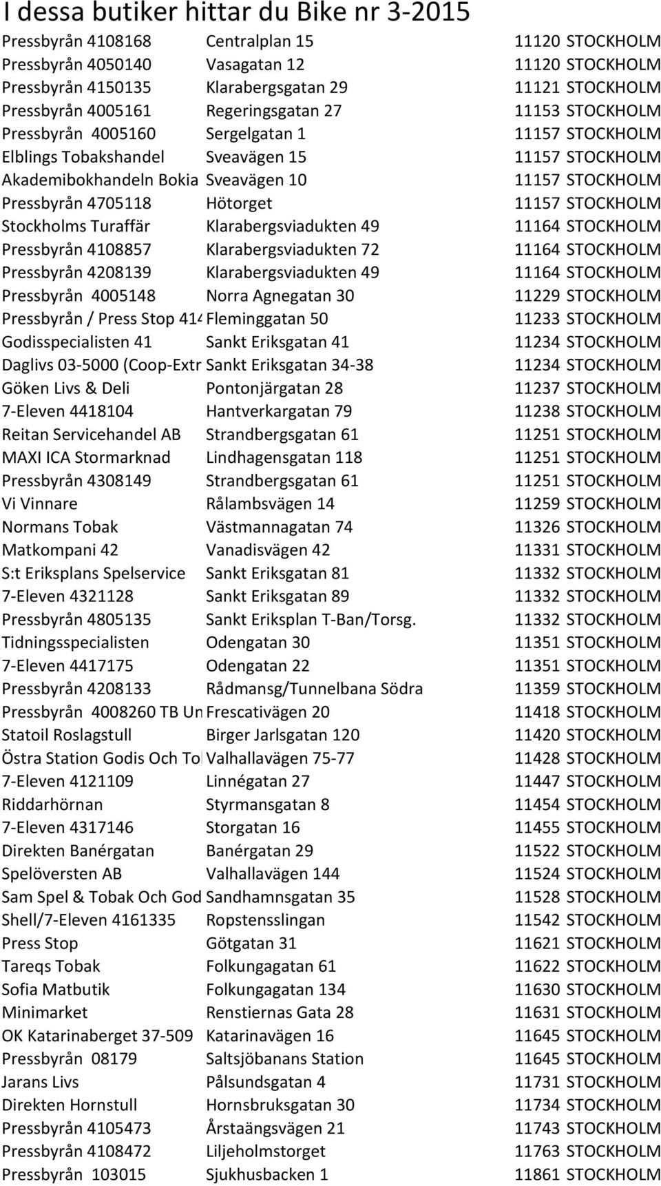 STOCKHOLM Pressbyrån 4705118 Hötorget 11157 STOCKHOLM Stockholms Turaffär Klarabergsviadukten 49 11164 STOCKHOLM Pressbyrån 4108857 Klarabergsviadukten 72 11164 STOCKHOLM Pressbyrån 4208139