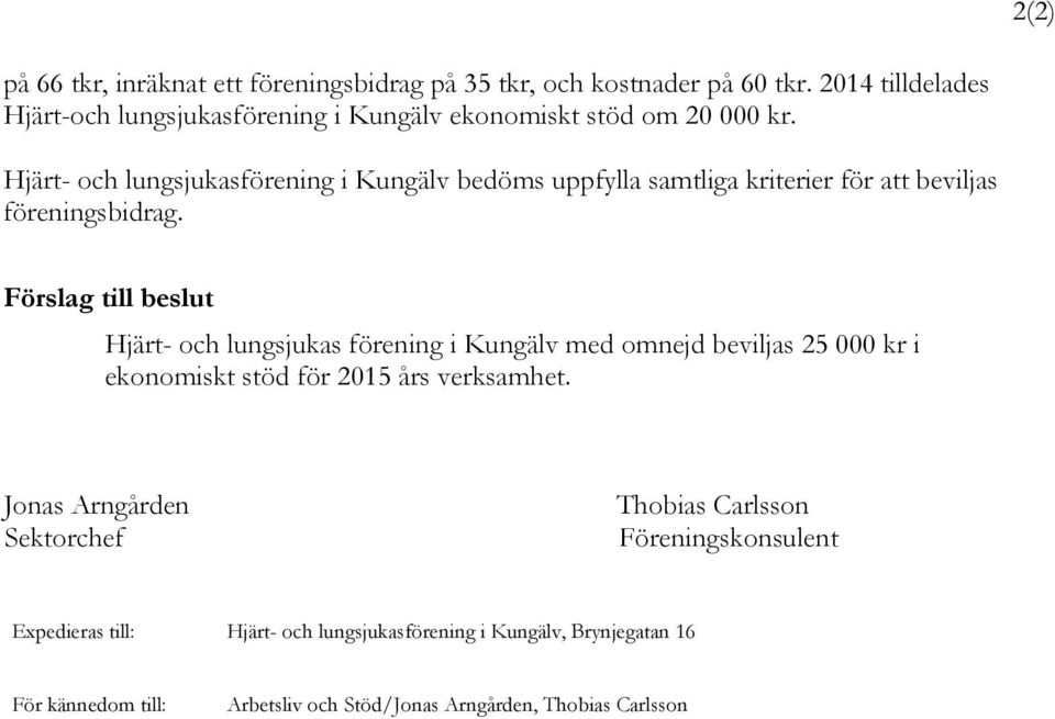 Hjärt- och lungsjukasförening i Kungälv bedöms uppfylla samtliga kriterier för att beviljas föreningsbidrag.