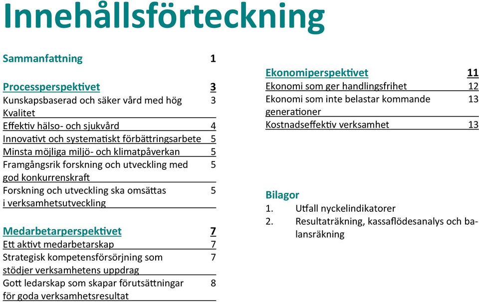 aktivt medarbetarskap 7 Strategisk kompetensförsörjning som 7 stödjer verksamhetens uppdrag Gott ledarskap som skapar förutsättningar 8 för goda verksamhetsresultat Ekonomiperspektivet 11 Ekonomi