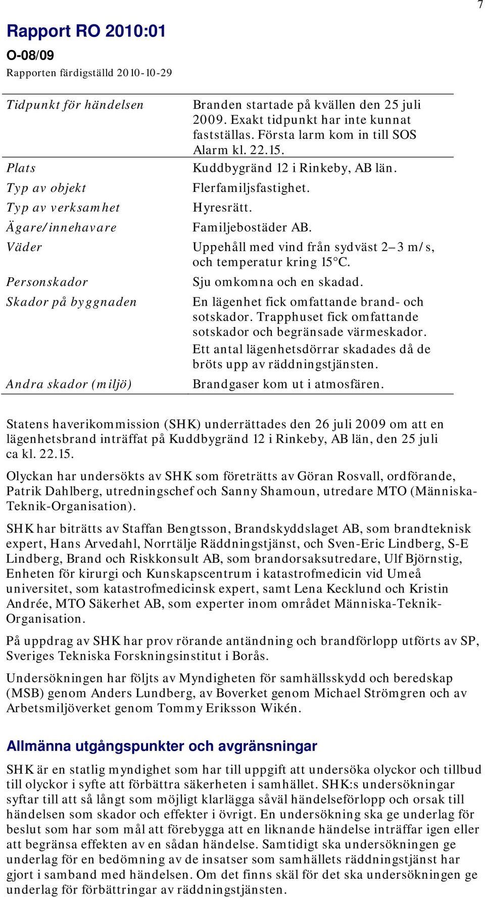 Hyresrätt. Familjebostäder AB. Uppehåll med vind från sydväst 2 3 m/s, och temperatur kring 15 C. Sju omkomna och en skadad. En lägenhet fick omfattande brand- och sotskador.