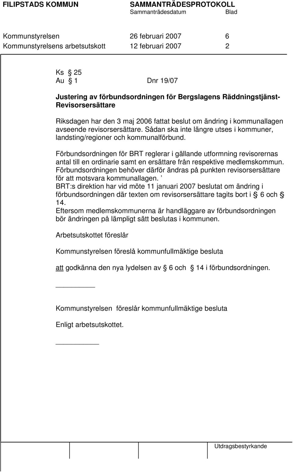 Förbundsordningen för BRT reglerar i gällande utformning revisorernas antal till en ordinarie samt en ersättare från respektive medlemskommun.