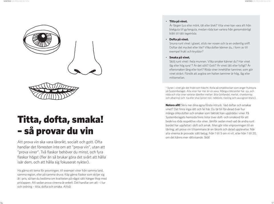 Snurra runt vinet i glaset, stick ner nosen och ta en ordentlig sniff. Doftar det mycket eller lite? Vilka dofter känner du, i form av till exempel frukt och kryddor? Smaka på vinet.