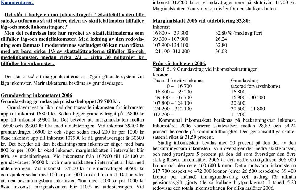 Med ledning av den redovisning som lämnats i moderaternas vårbudget 06 kan man räkna med att bara cirka 1/3 av skattelättnaderna tillfaller låg-och medelinkomster, medan cirka 2/3 = cirka 30