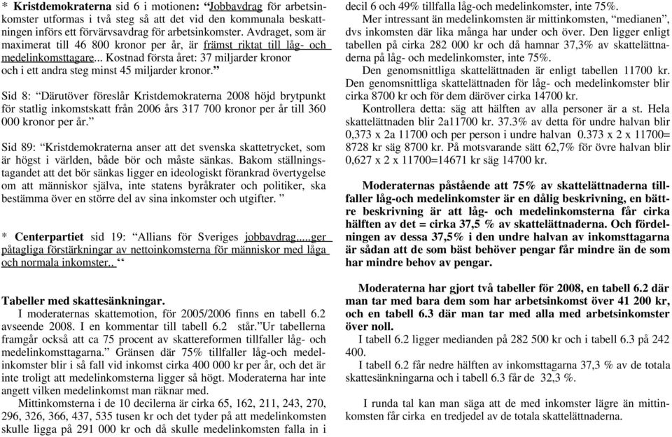 Sid 8: Därutöver föreslår Kristdemokraterna 2008 höjd brytpunkt för statlig inkomstskatt från 2006 års 317 700 kronor per år till 360 000 kronor per år.