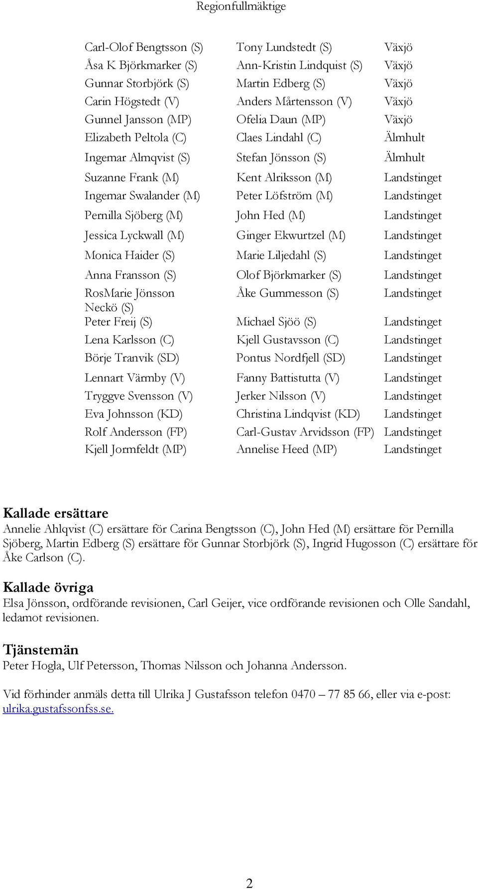 Landstinget Ingemar Swalander (M) Peter Löfström (M) Landstinget Pernilla Sjöberg (M) John Hed (M) Landstinget Jessica Lyckwall (M) Ginger Ekwurtzel (M) Landstinget Monica Haider (S) Marie Liljedahl