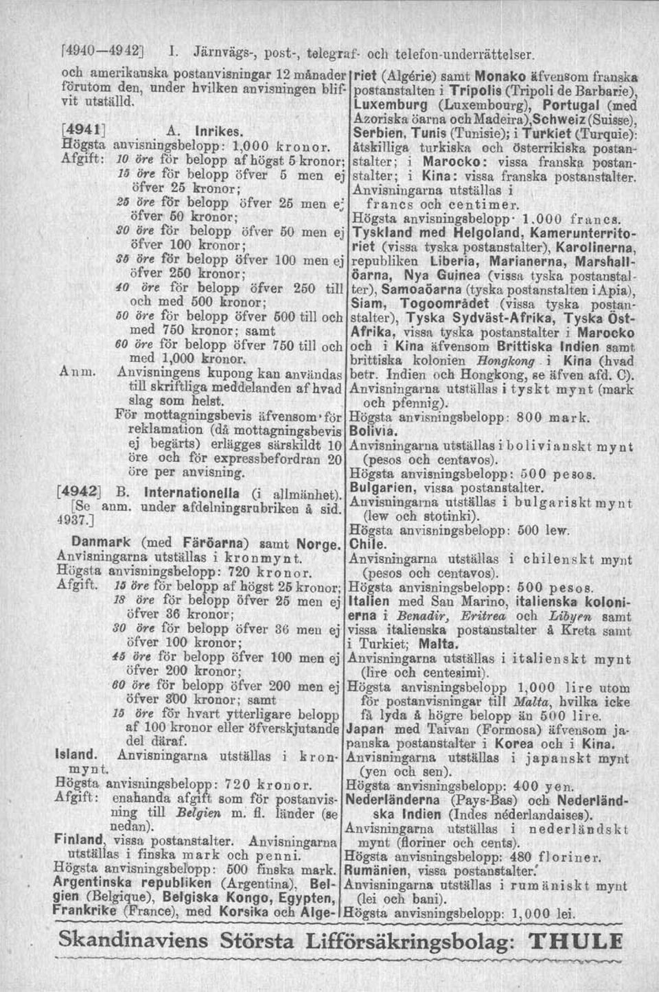 Luxemburg (Luxembonrg), Portugal (med [4941] Högsta Afgift: Azoriska öarna ochmadeira),schweiz (Suisse), A. Inrikes. Serbien. Tunis (Tunisie); i Turkiet (Turquie): anvisningsbelopp : 1,000 kronor.