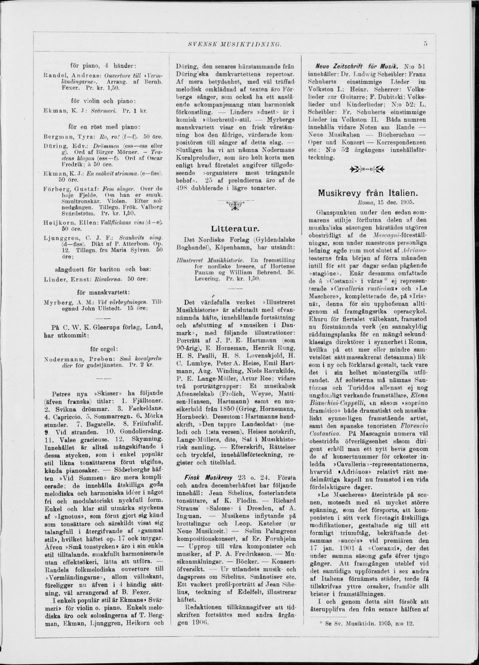 Förberg, Gustaf: Fem sånger. Over de hoje Fjelde. Om han er smak. Smultronskär. Violen. Efter sol nedgången. Tillegn. Frök. Valborg Svärdström. Pr. kr. 1,50. Heijkorn, Ellen: Vallflickans visa (d e).