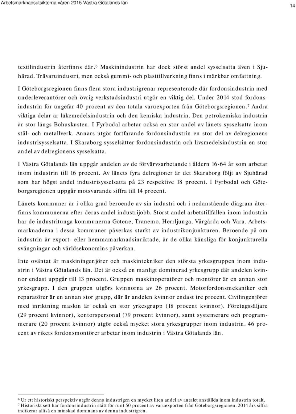 Under 2014 stod fordonsindustrin för ungefär 40 procent av den totala varuexporten från Göteborgsregionen. 7 Andra viktiga delar är läkemedelsindustrin och den kemiska industrin.