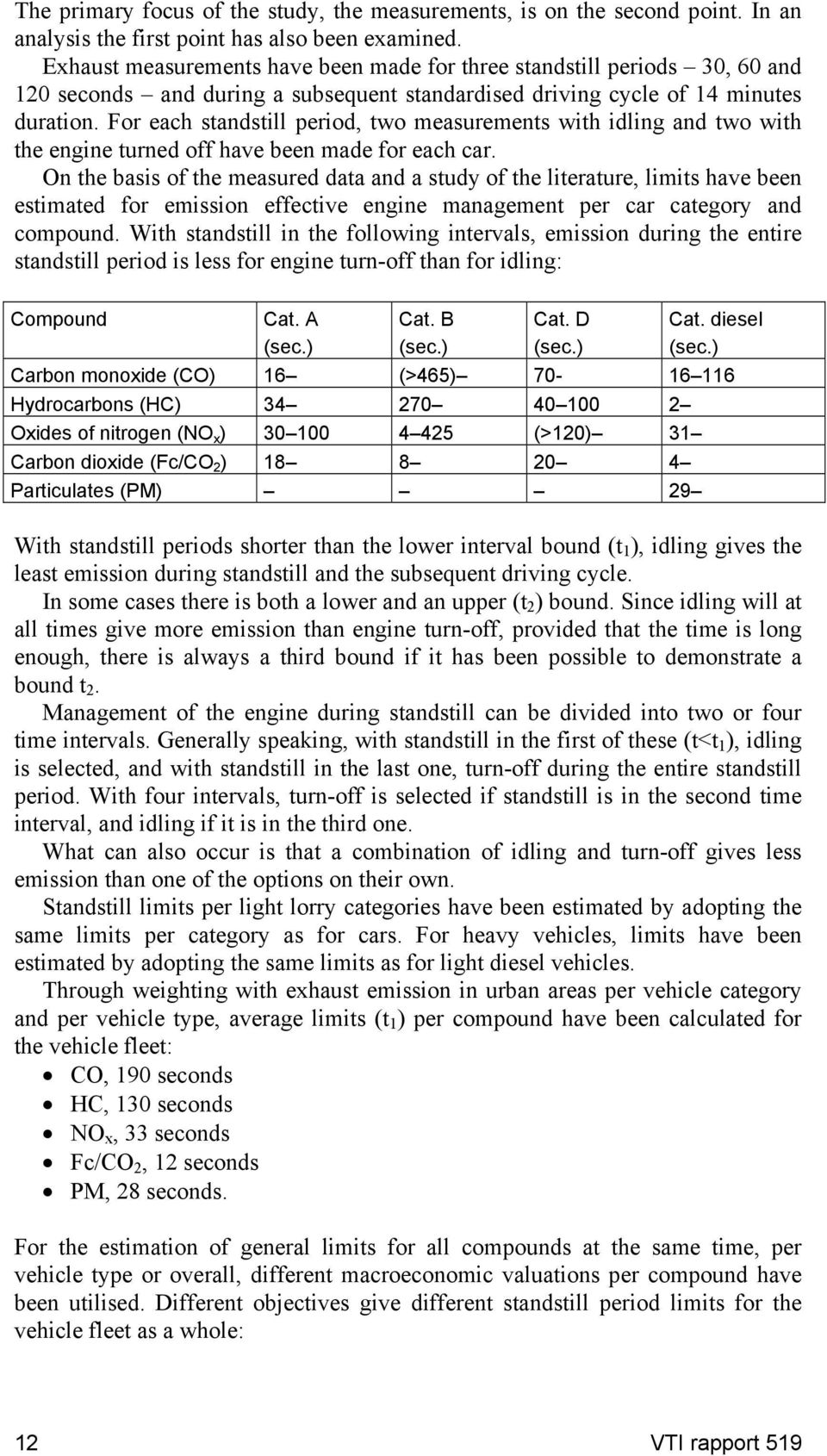 For each standstill period, two measurements with idling and two with the engine turned off have been made for each car.