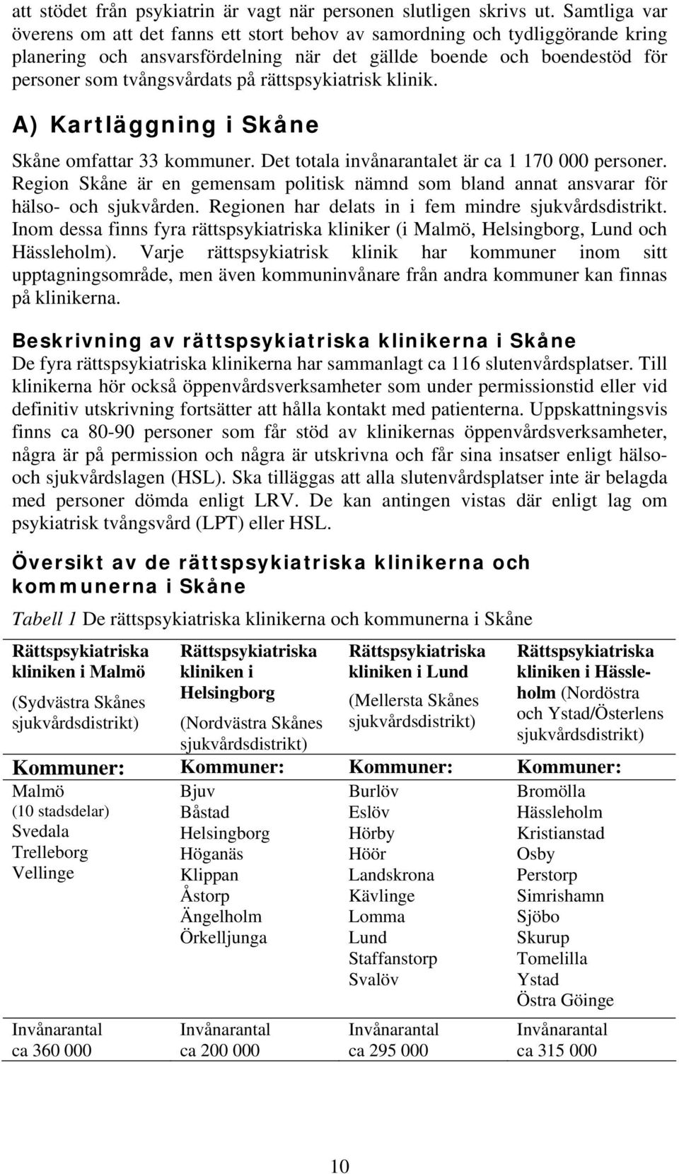 rättspsykiatrisk klinik. A) Kartläggning i Skåne Skåne omfattar 33 kommuner. Det totala invånarantalet är ca 1 170 000 personer.