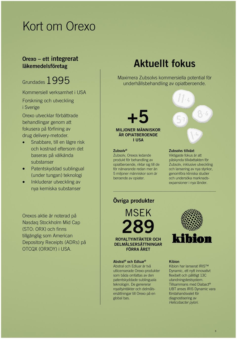 Snabbare, till en lägre risk och kostnad eftersom det baseras på välkända substanser Patentskyddad sublingual (under tungan) teknologi Inkluderar utveckling av nya kemiska substanser Orexos aktie är