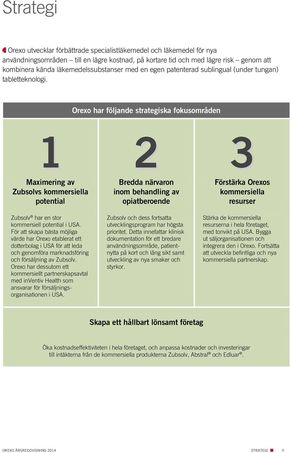 Orexo har följande strategiska fokusområden 1 2 3 Maximering av Zubsolvs kommersiella potential Zubsolv har en stor kommersiell potential i USA.